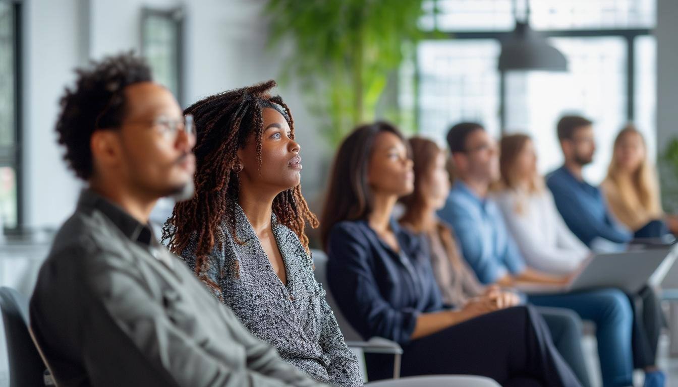 diverse group of employees listening to a leadership development training in an office environment
